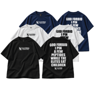 California Compounds oversized heavyweight peptide T-shirt in black, white, and navy with front and back screen print