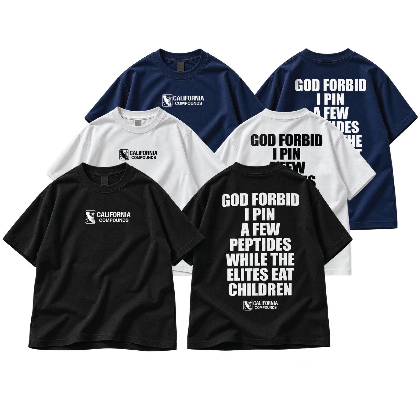 California Compounds oversized heavyweight peptide T-shirt in black, white, and navy with front and back screen print